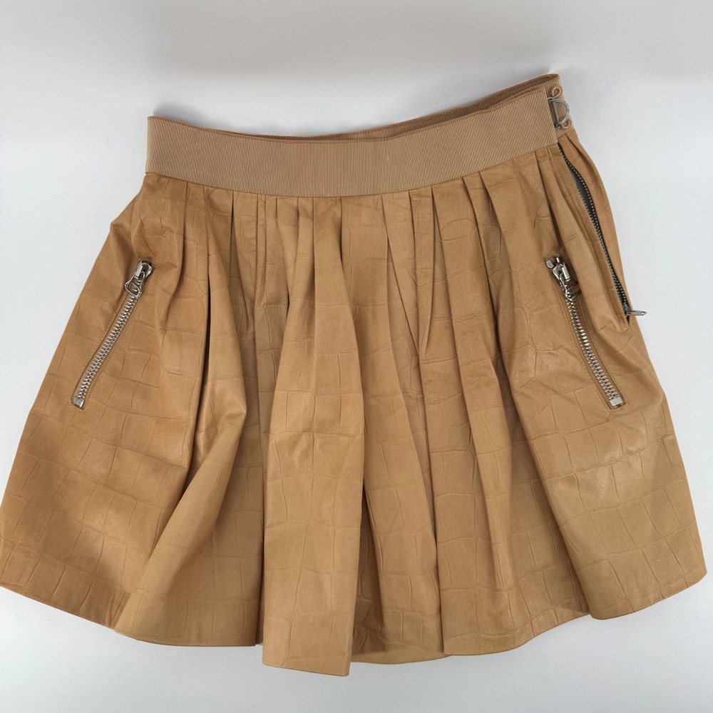 3.1 Phillip Lim Tan Croc Embossed Lambskin Leather Silk Lined Mini Skirt Size 2